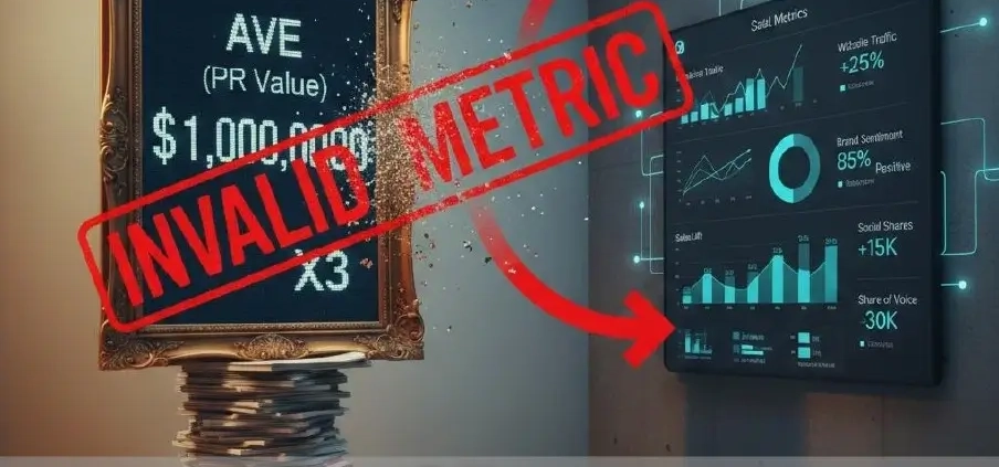 ภาพเทียบระหว่าง AVE หรือ PR Value ที่ถูกตีตรา Invalid Metric กับหน้าจอแดชบอร์ดการวัดผล PR ที่ใช้ข้อมูลเชิงคุณภาพและผลลัพธ์จริง